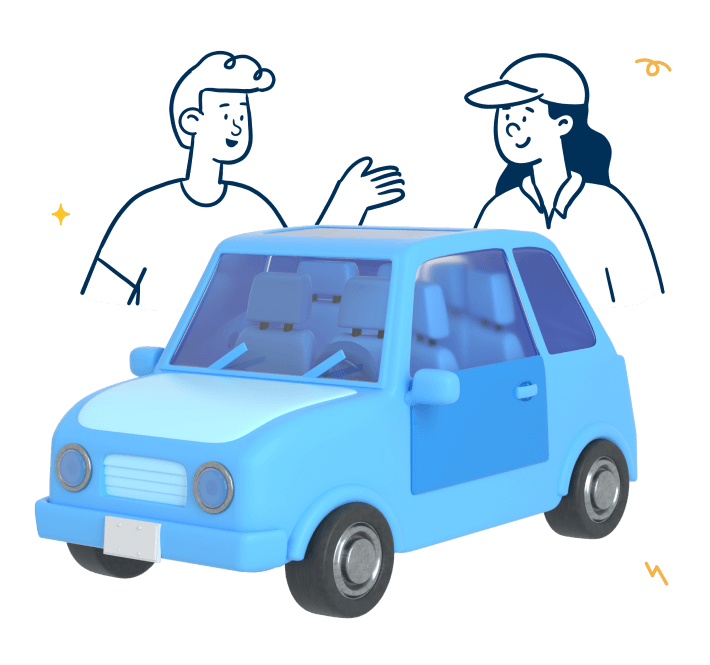 Illustration of a customer and mechanic behind a 3D illustration of a blue car