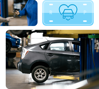 Repair shop with vehicle and RepairPal heart logo
